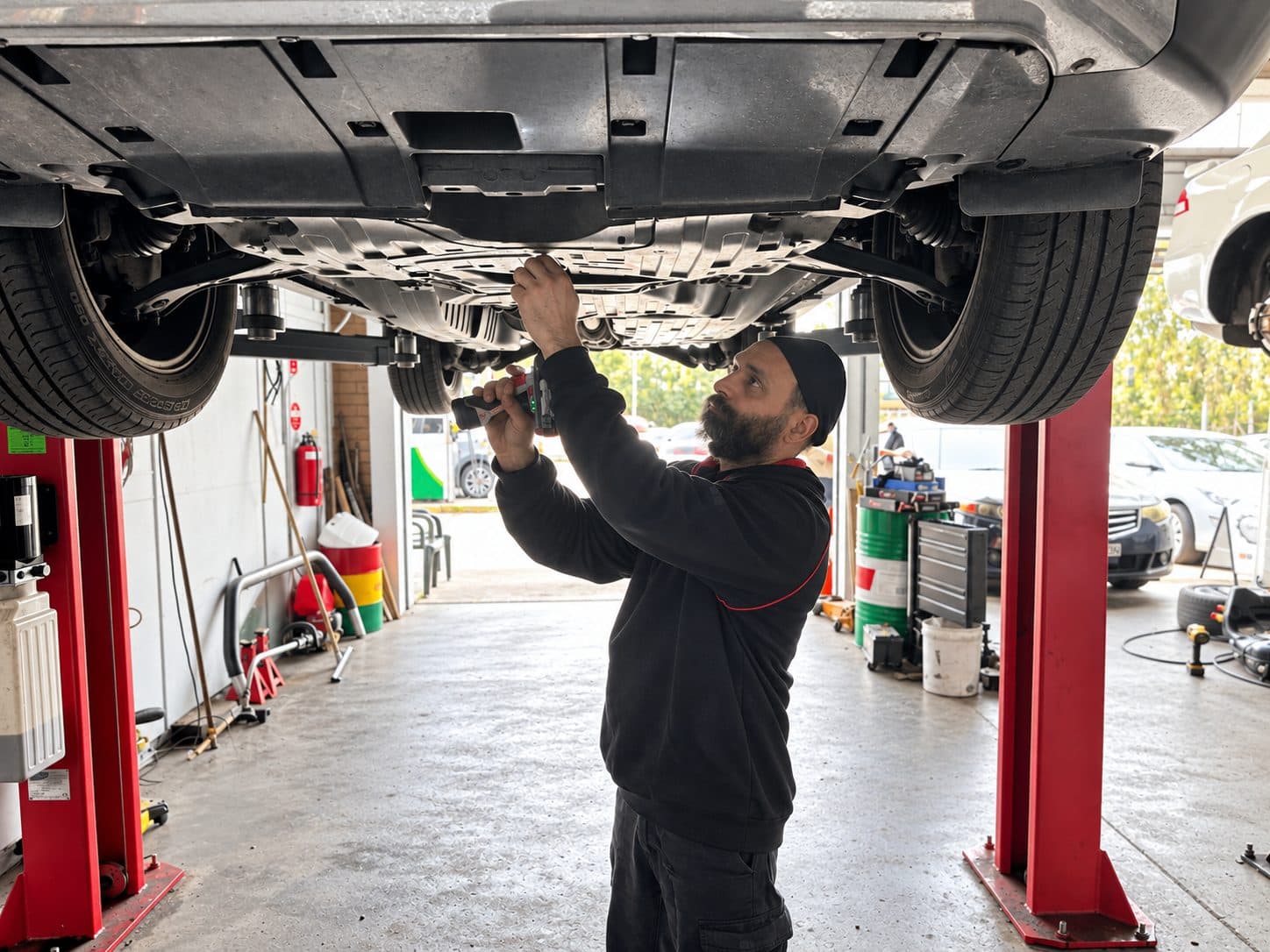 Mechanic inspecting under a car on the hoist during an eSafety check