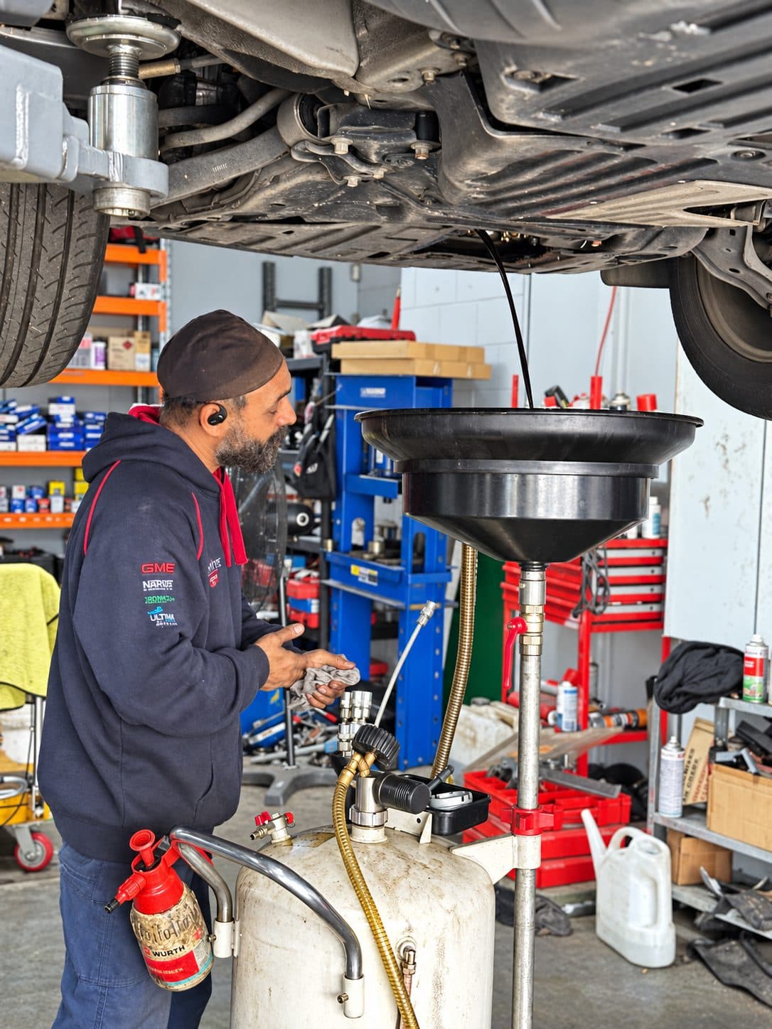 Mechanic servicing a car on the hoist at Switch Gear Automotive, Riverstone